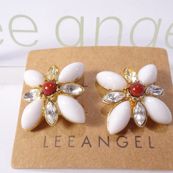 Lee Angel White Red Cabochon Bead Cystal Flower Stud Earrings NWT 78 - Picture 6 of 12